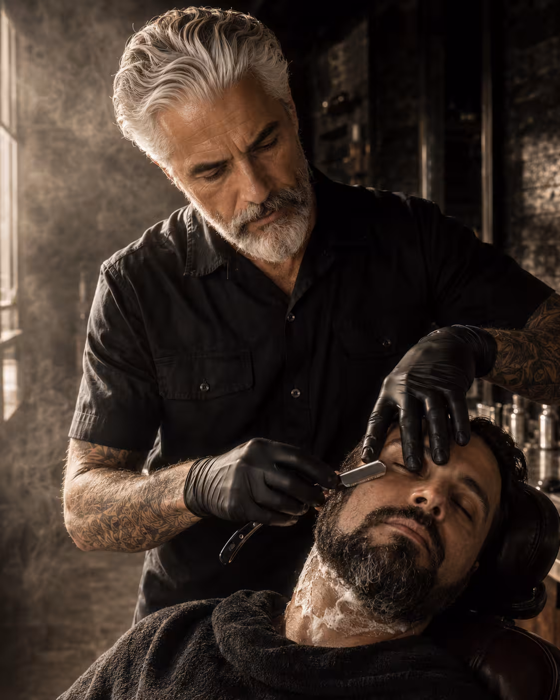 Perfilado de barba a navaja con vapor de toalla caliente a contraluz