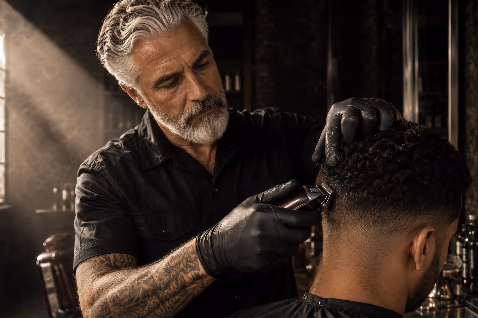 Manos con guantes construyendo un fade bajo limpio sobre pelo muy rizado